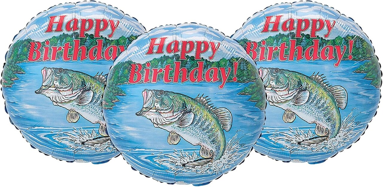 Happy Birthday Largemouth Bass Fishing Party Balloons – 17-Inch, Set of 3 (Multicolor)